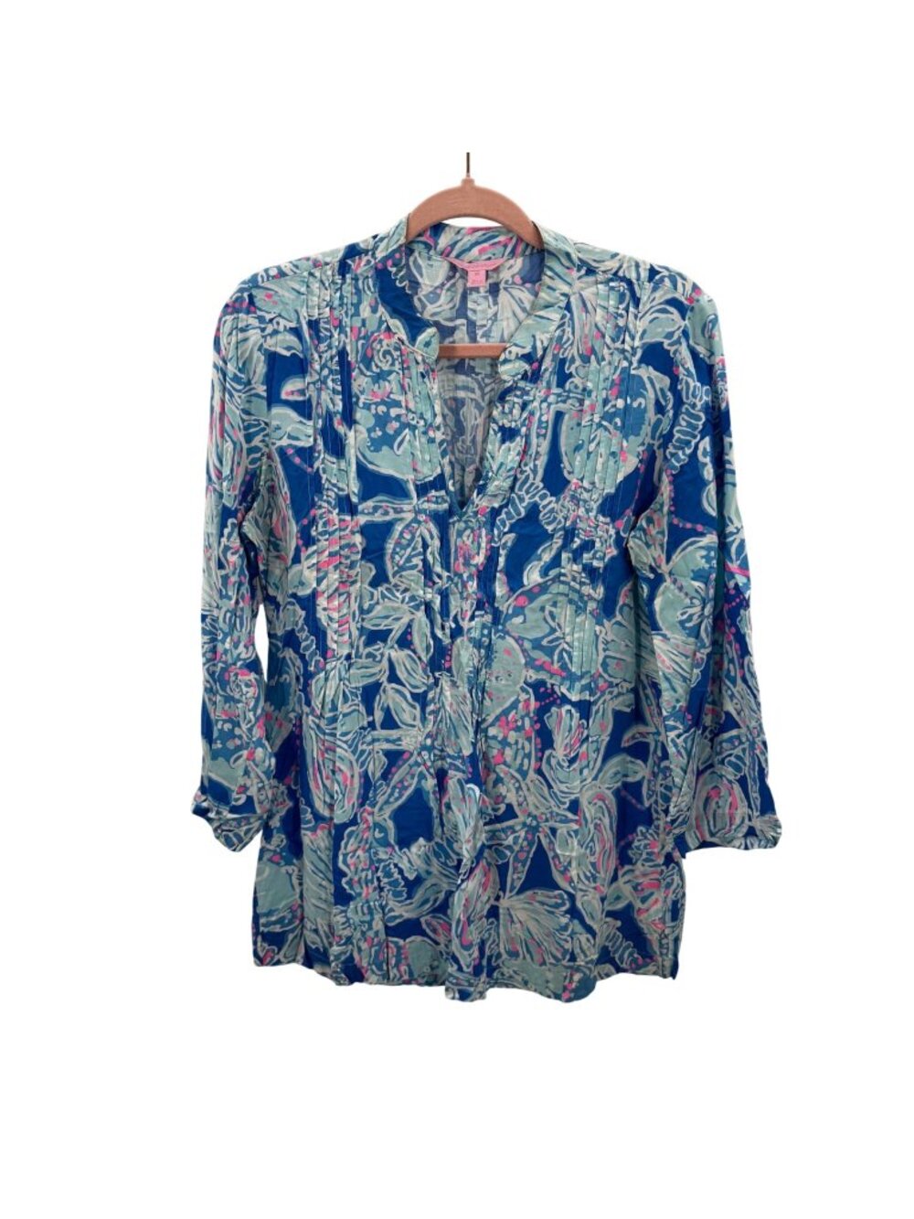 Lilly Pulitzer Womens Blue Print Tunic Blouse Long Sleeve Sz M
